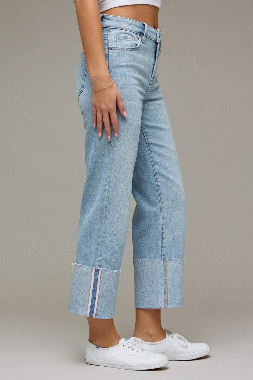 Hidden Jeans Women's Light Wash Cropped Pink Tape Cuffed Straight Jeans