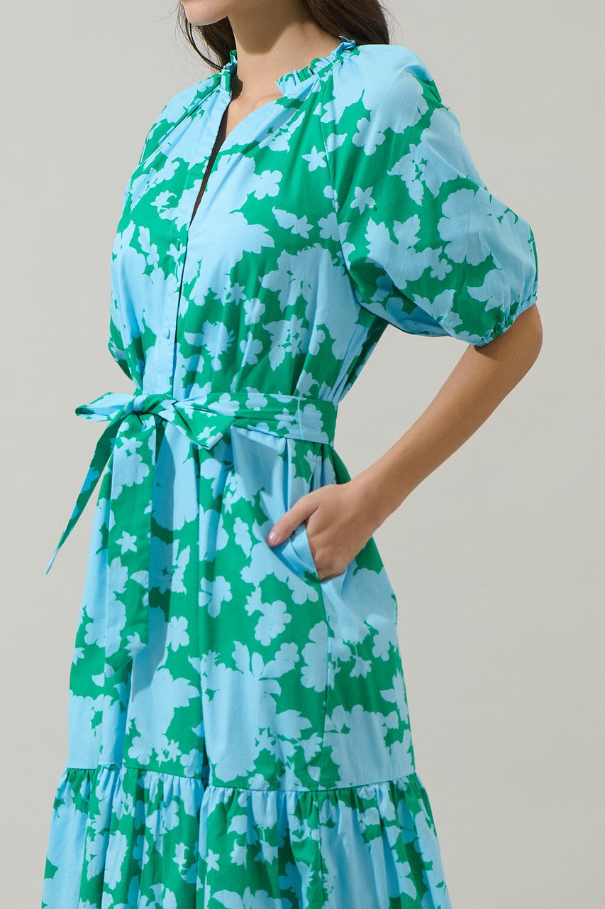 Sugar Lips Women's Riona Floral Wynette Tiered Midi Dress - Blue/Kelly