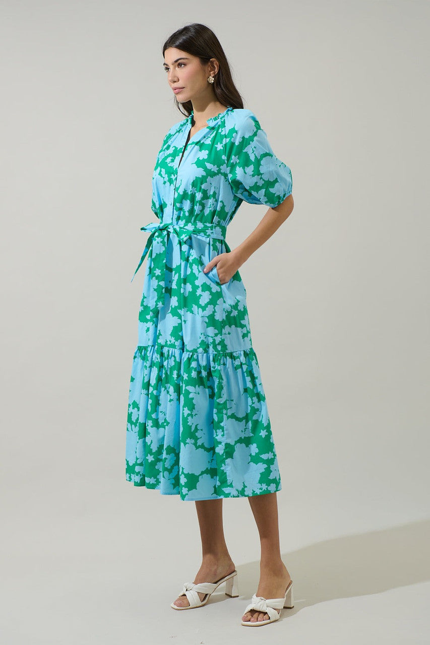 Sugar Lips Women's Riona Floral Wynette Tiered Midi Dress - Blue/Kelly