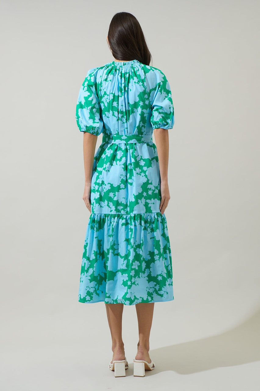 Sugar Lips Women's Riona Floral Wynette Tiered Midi Dress - Blue/Kelly