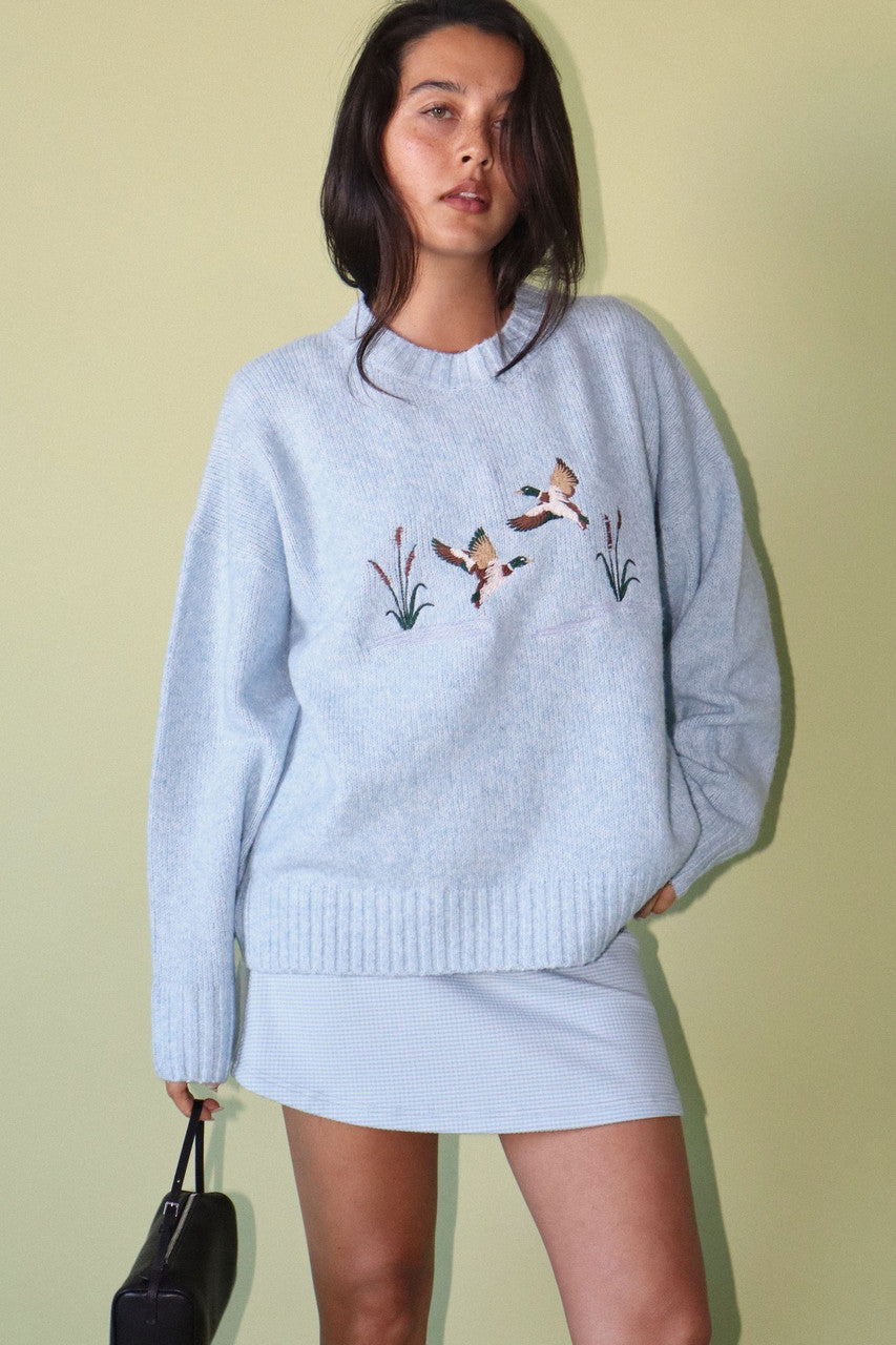 Bailey Rose Women's Embroidered Duck Knit Sweater - Bluebell
