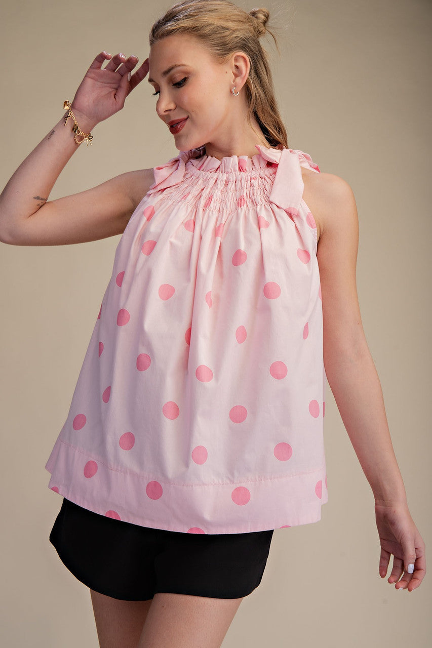 Glam Tie Strap Smocked Polka Dot Top