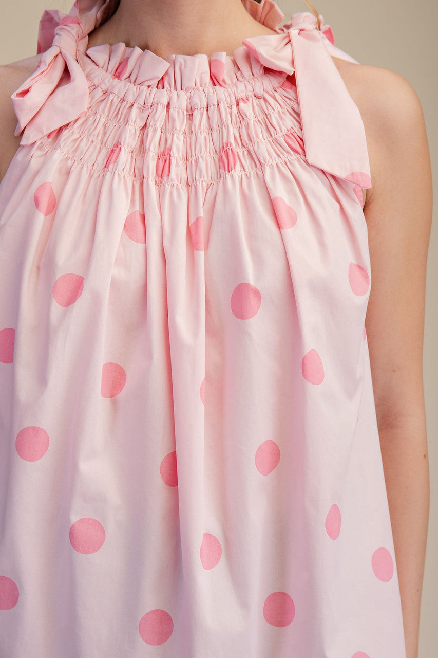 Glam Tie Strap Smocked Polka Dot Top