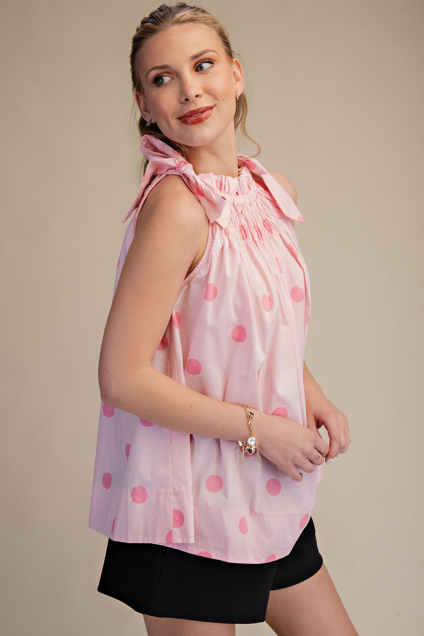 Glam Tie Strap Smocked Polka Dot Top
