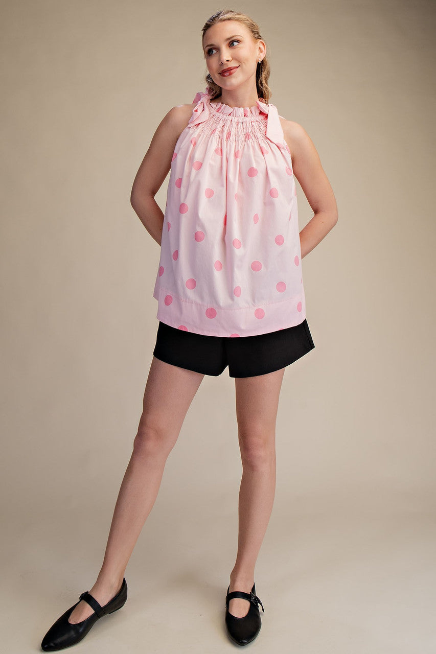 Glam Tie Strap Smocked Polka Dot Top