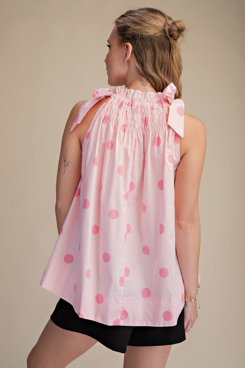 Glam Tie Strap Smocked Polka Dot Top