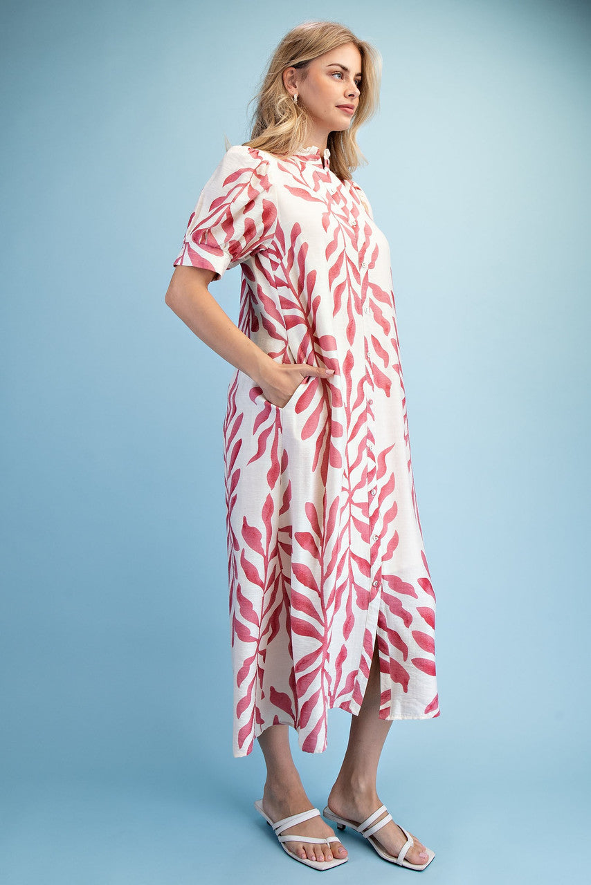 GiGiO Leaf Print Button Down Midi Dress