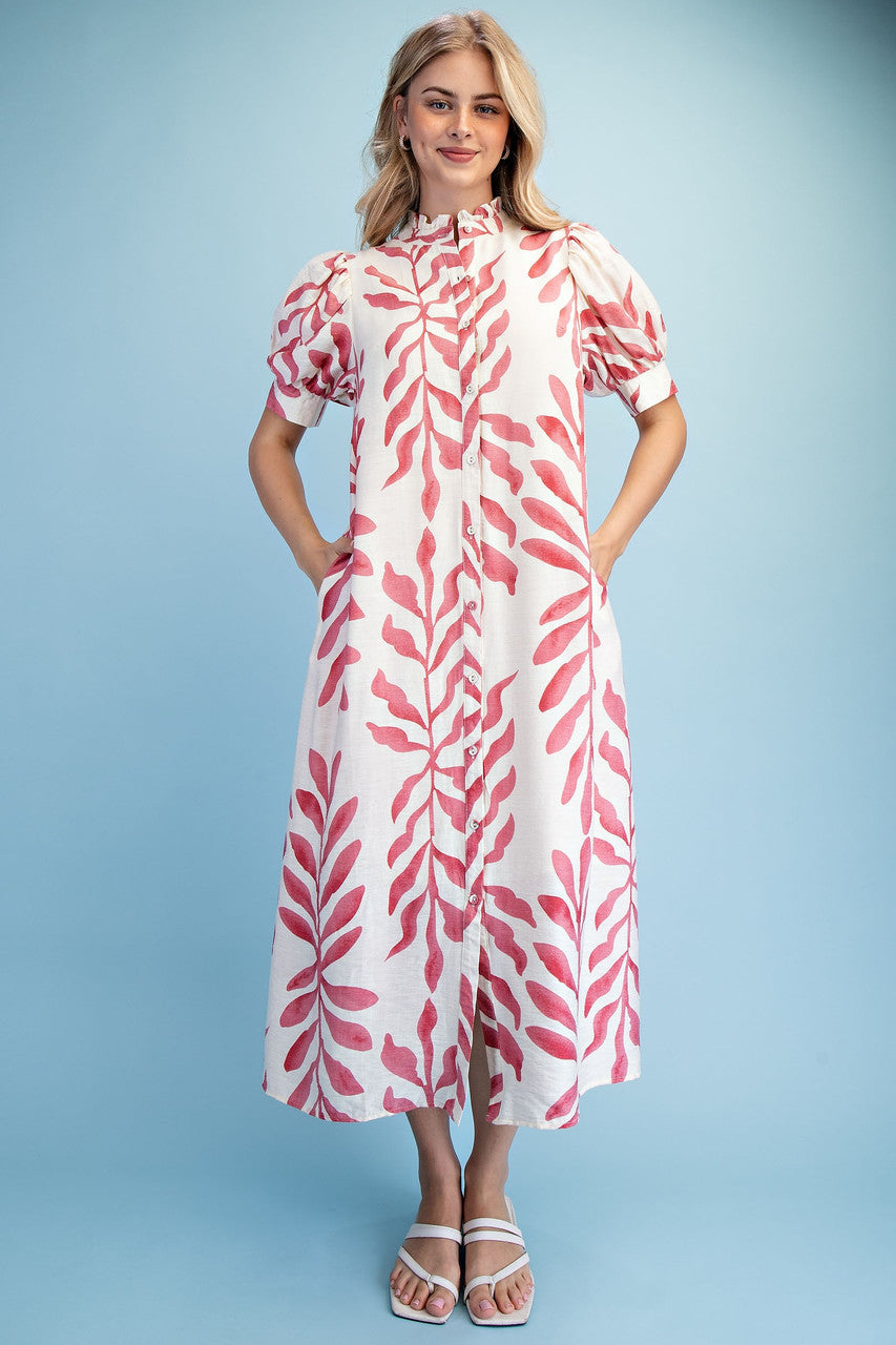 GiGiO Leaf Print Button Down Midi Dress