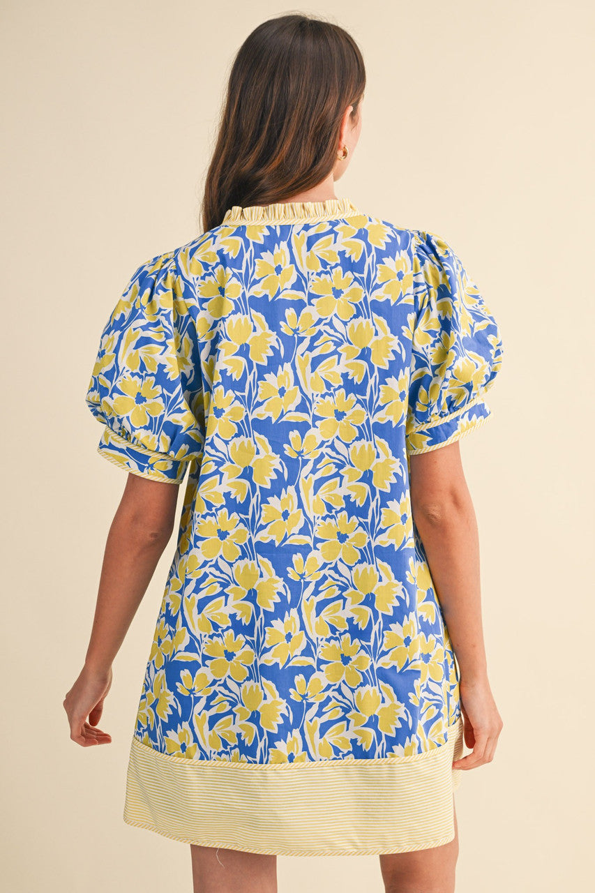 &merci Women's Blue and Yellow Floral Button Down Mini Dress
