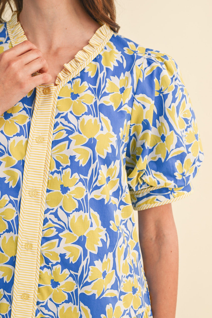 &merci Women's Blue and Yellow Floral Button Down Mini Dress