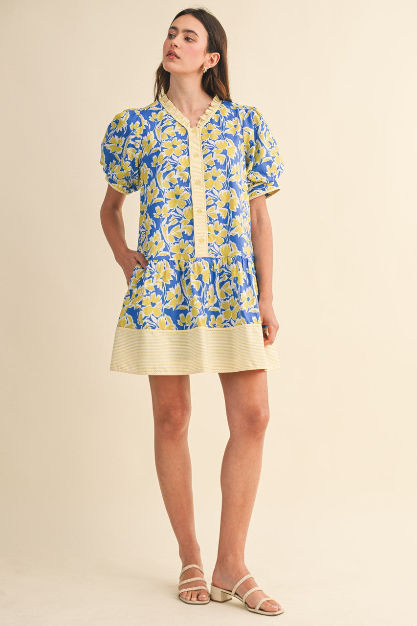 &merci Women's Blue and Yellow Floral Button Down Mini Dress