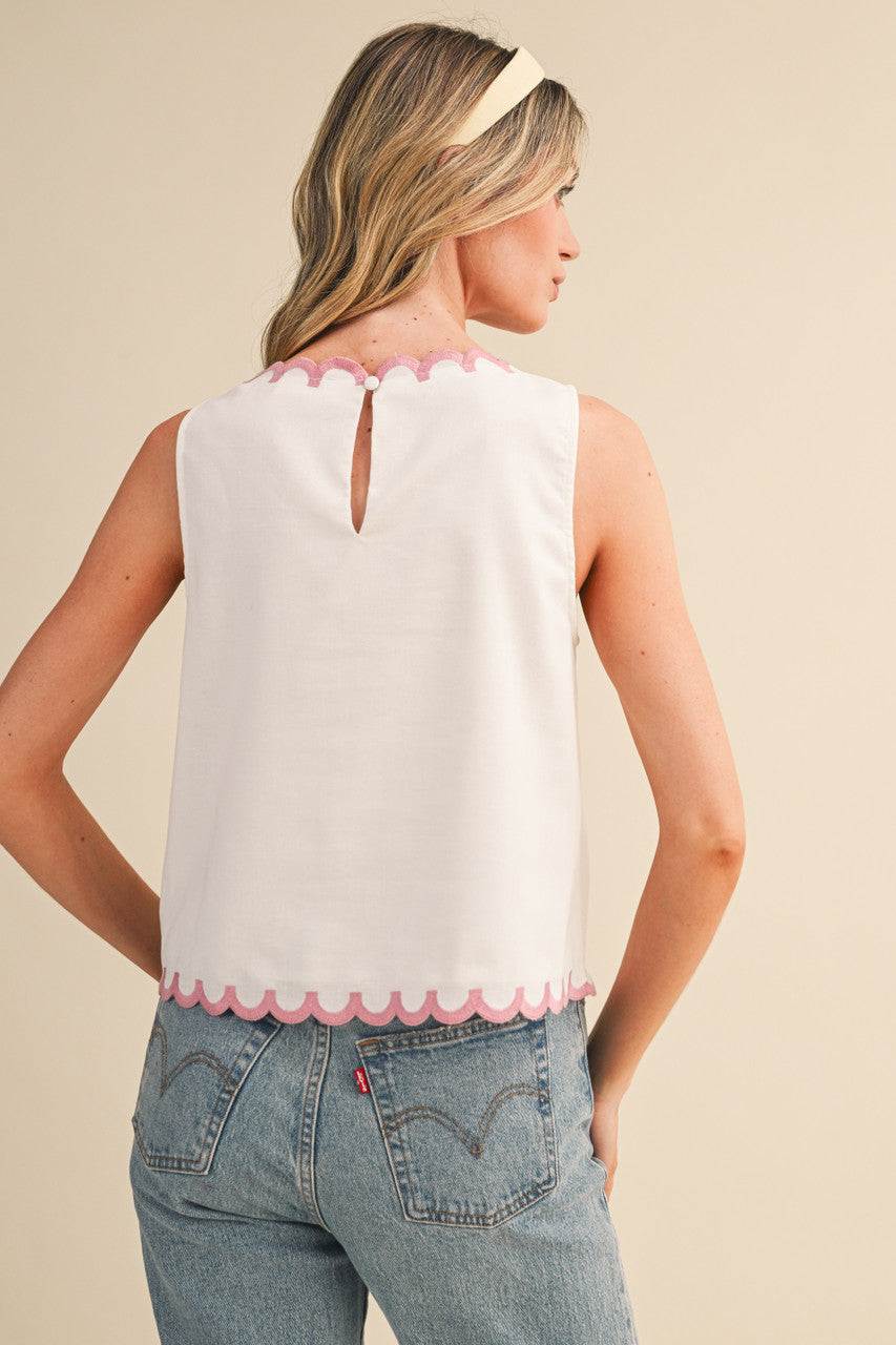 &merci Women's Off White Floral Embroidery Scalloped Tank
