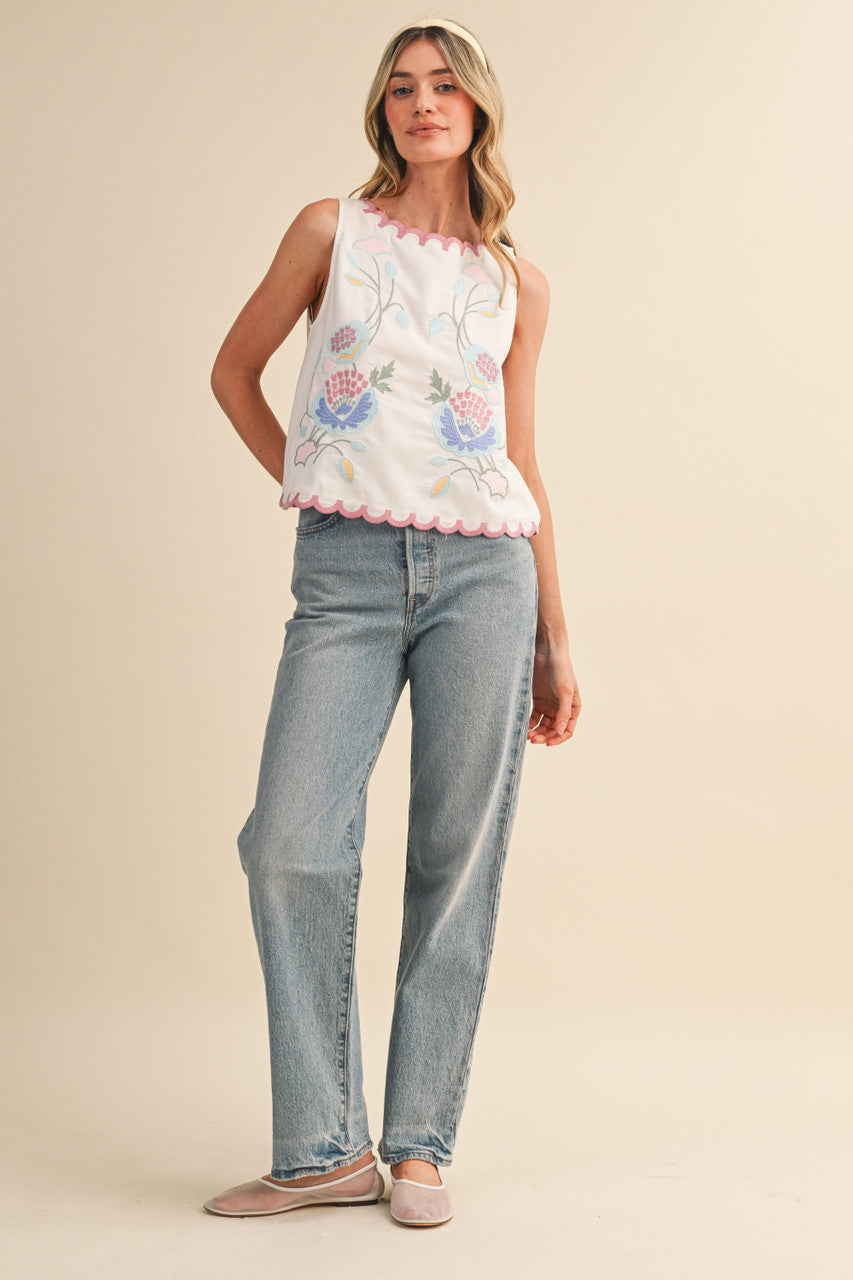 &merci Women's Off White Floral Embroidery Scalloped Tank