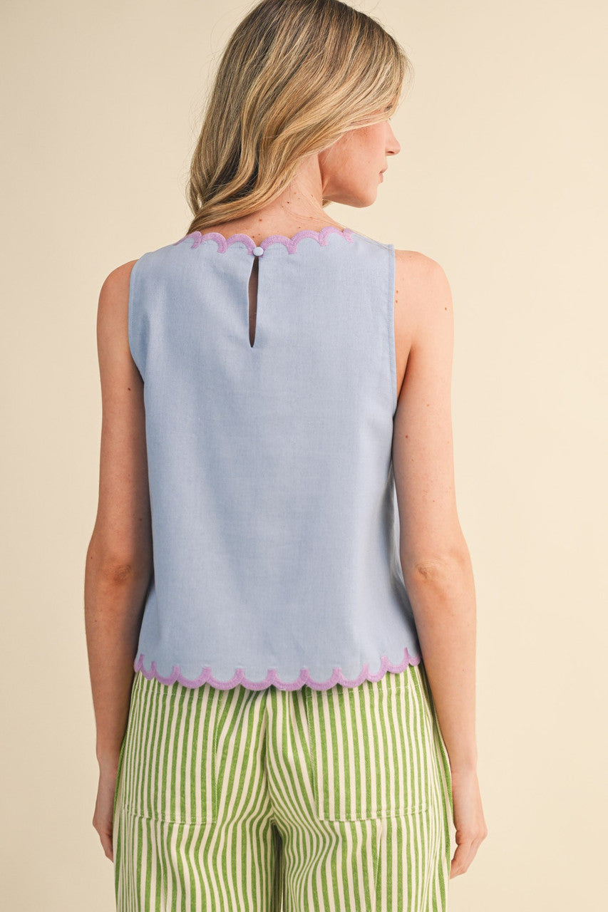 &merci Women's Floral Embroidery Scalloped Tank - Dusty Blue