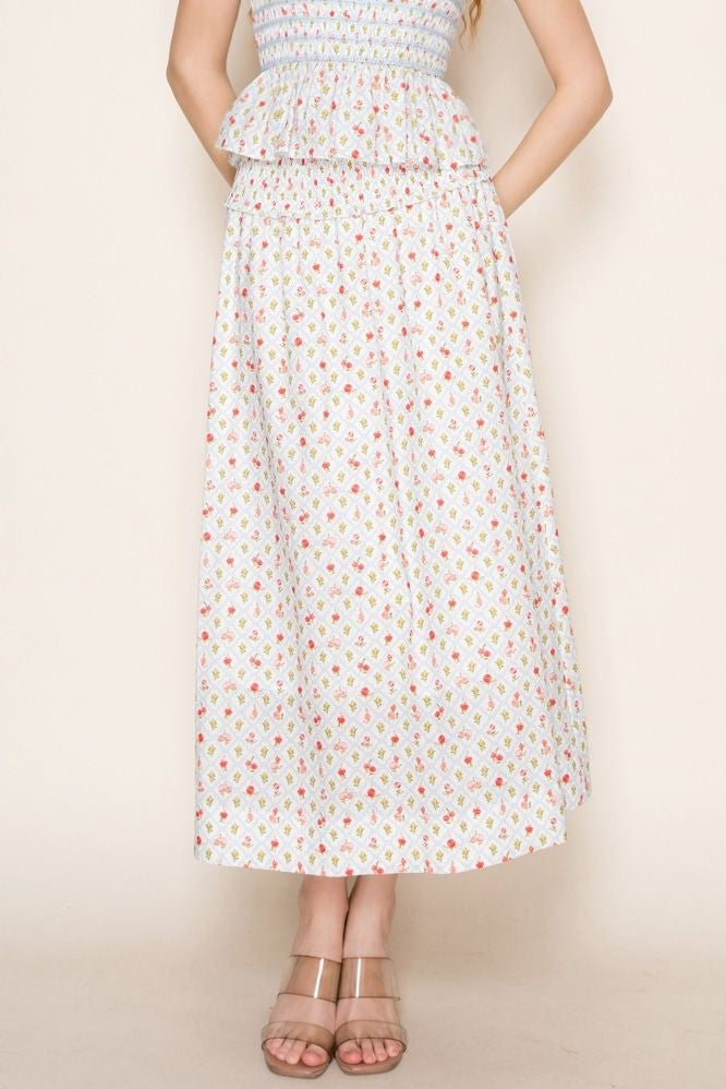 B. Right Women's Smocked Waist Midi Skirt - Off White/Coral/Green