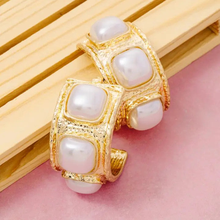 The Looks by Fame Hammered Triple Square Pearl Hoop Earrings