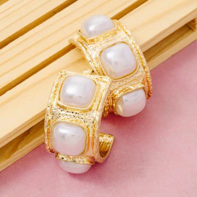 The Looks by Fame Hammered Triple Square Pearl Hoop Earrings
