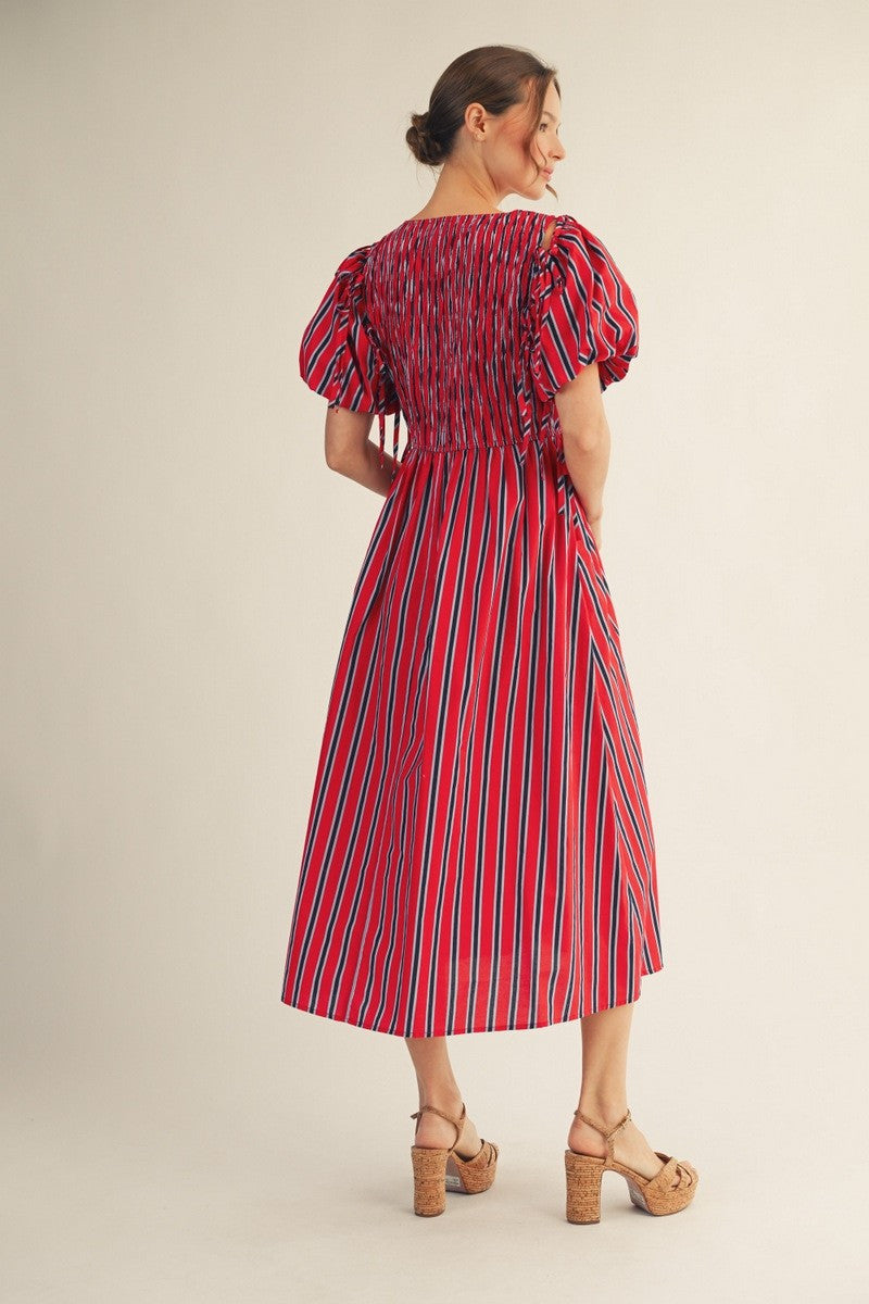 Jodifl Women's Red Detachable Sleeves Stripe Midi Dress