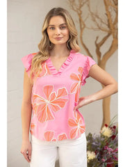 Voy Women's Pink Ruffled Embroidered Top