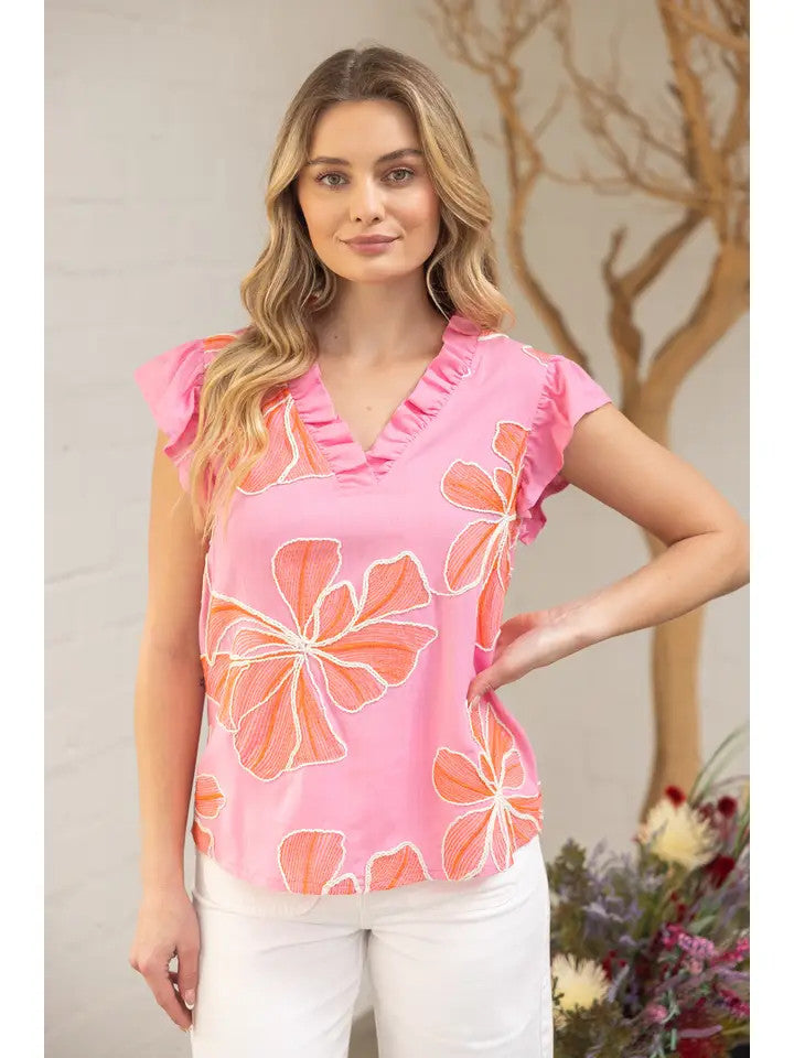 Voy Women's Pink Ruffled Embroidered Top