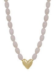 What's Hot Pink Acrylic Oval Beaded with Gold Heart Necklace