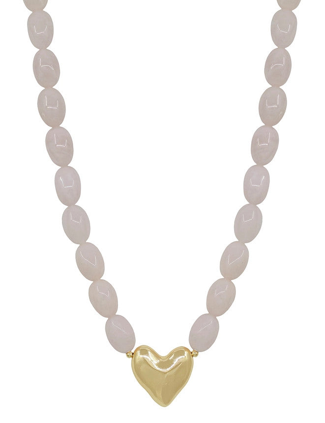 What's Hot Pink Acrylic Oval Beaded with Gold Heart Necklace
