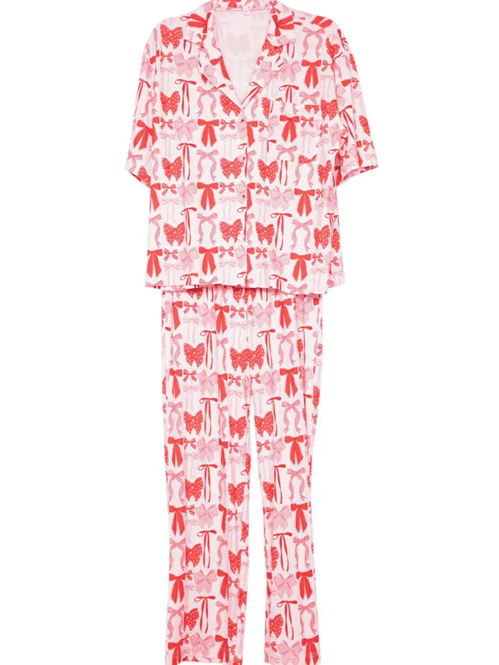 Katydid Women's Pink & Red Coquette Bow Pajama Pants Set