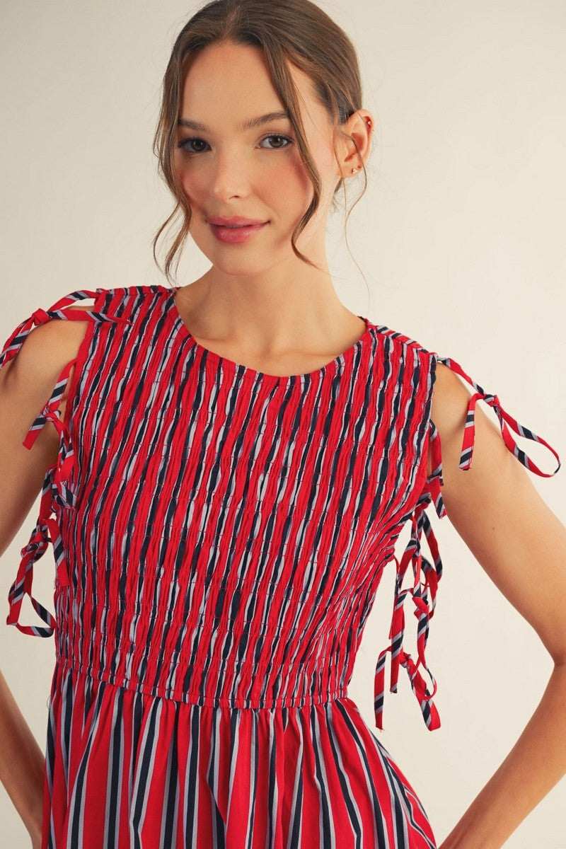 Jodifl Women's Red Detachable Sleeves Stripe Midi Dress
