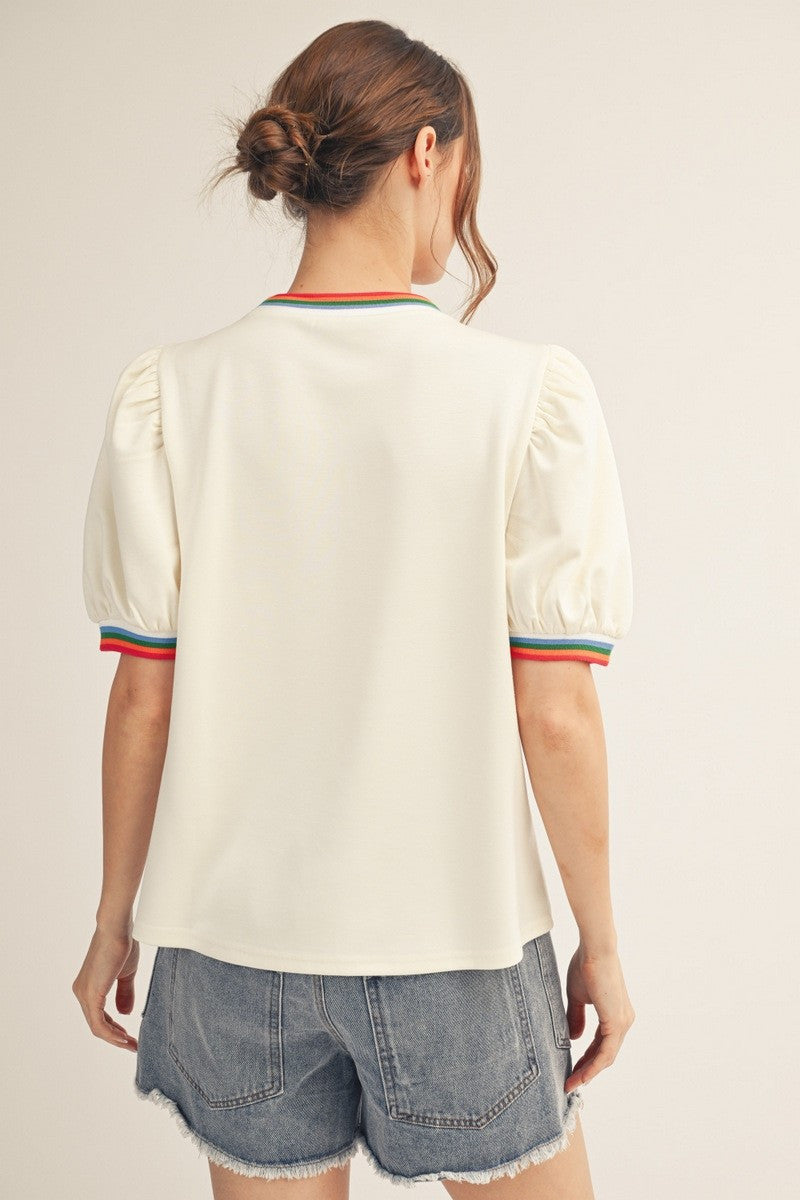 Jodifl Women's Cream Color Rib Band Accent Solid Top
