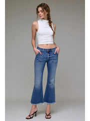Hidden Jeans Women's Medium Wash Frayed Hem Cargo Crop Flare