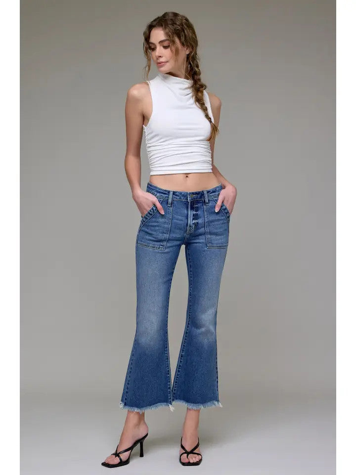 Hidden Jeans Women's Medium Wash Frayed Hem Cargo Crop Flare