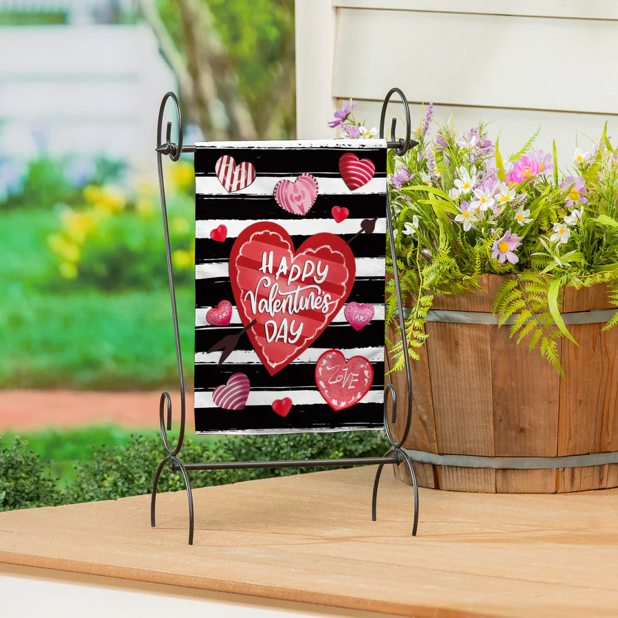 Evergreen Striped Hearts Burlap Garden Flag