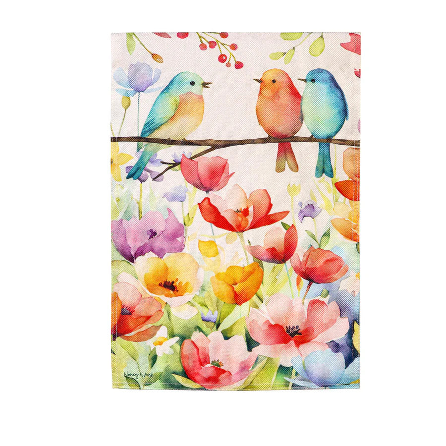 Evergreen Bird Talk Burlap Garden Flag