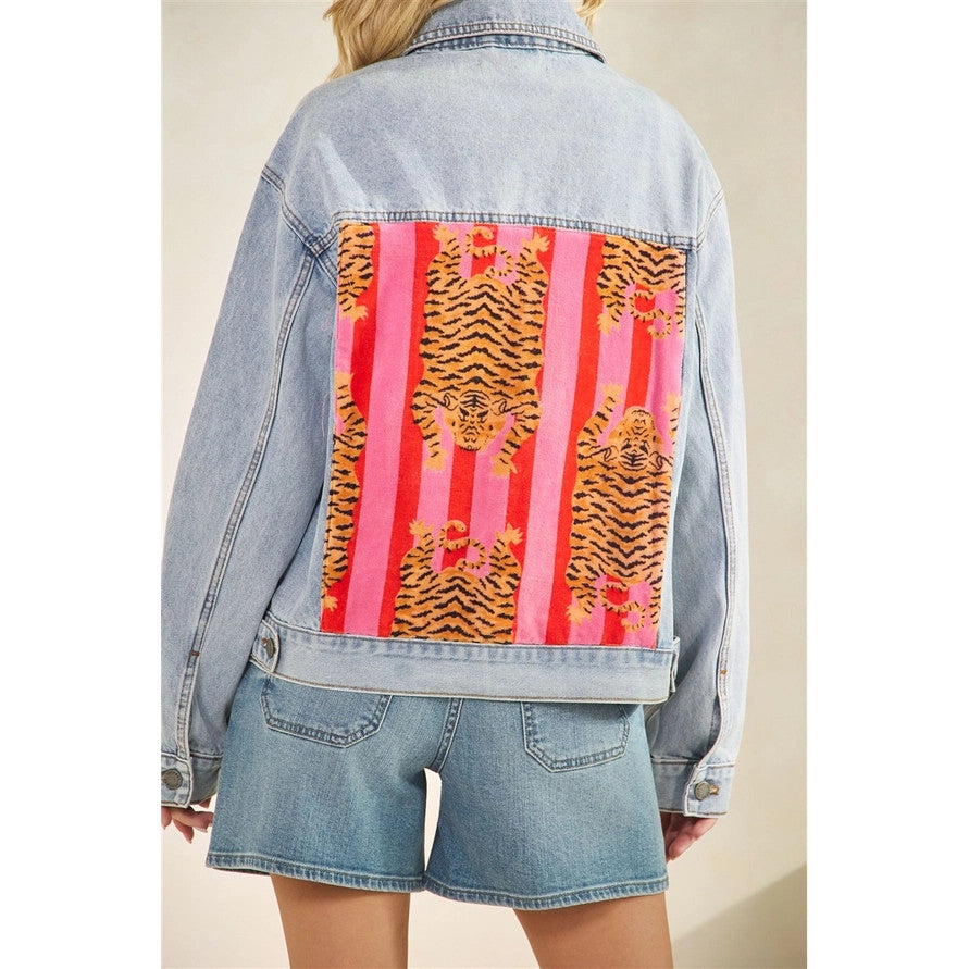 Vervet Classic Denim Jacket with Back Tiger Patch Print