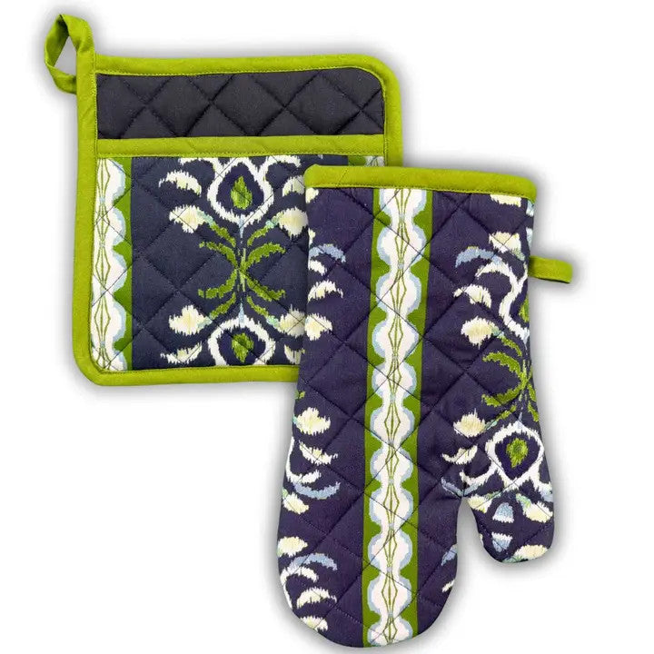 Laura Park Rosemary Stripe Indigo Oven Mitt and Pot Holder Set
