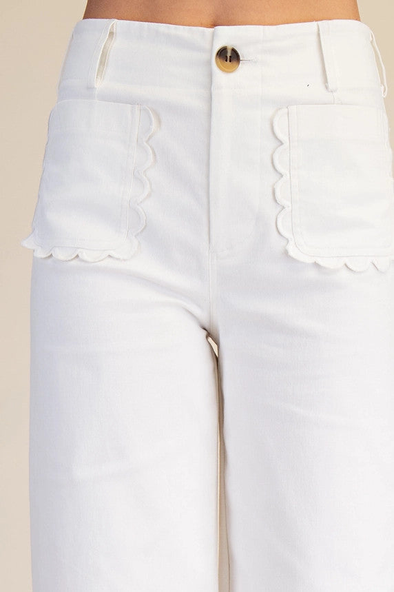 Glam Women's Colette Wide-Leg Scallop Pocket Pants - White