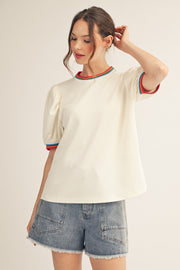 Jodifl Women's Cream Color Rib Band Accent Solid Top