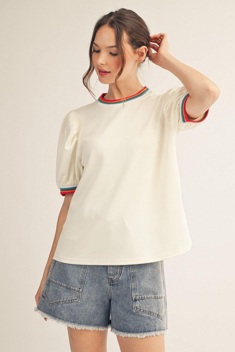Jodifl Women's Cream Color Rib Band Accent Solid Top
