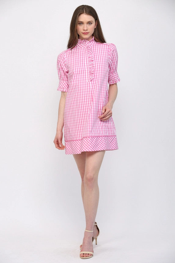Fate Women's Pink & White Puff Sleeve Mini Dress