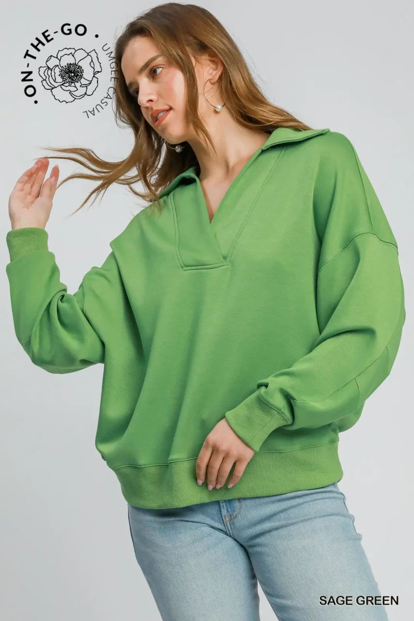 Umgee Women's Luxeknit Chic Ease Collared Pullover - Sage Green