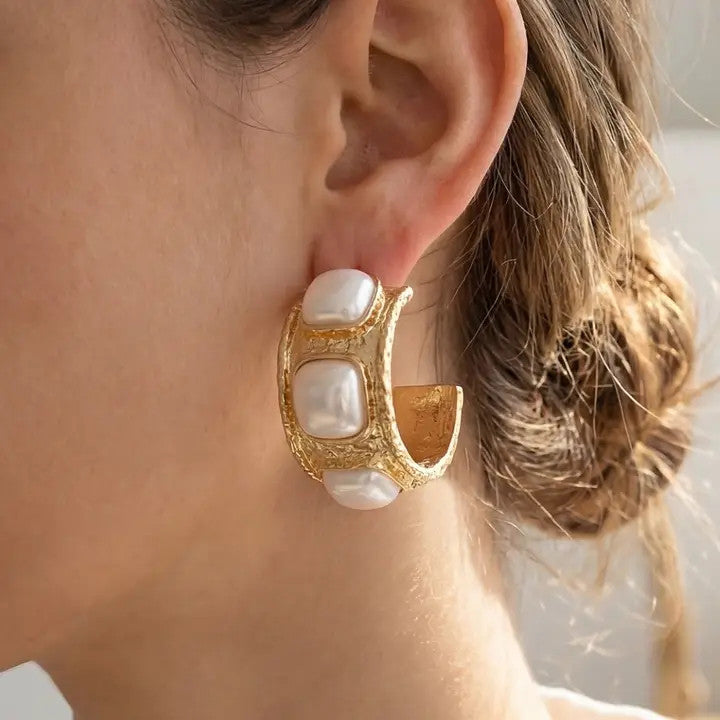 The Looks by Fame Hammered Triple Square Pearl Hoop Earrings