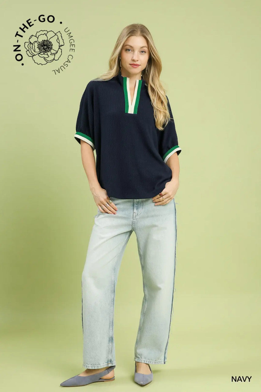 Umgee Women's Navy Textured Knit Top with Contrast Trim