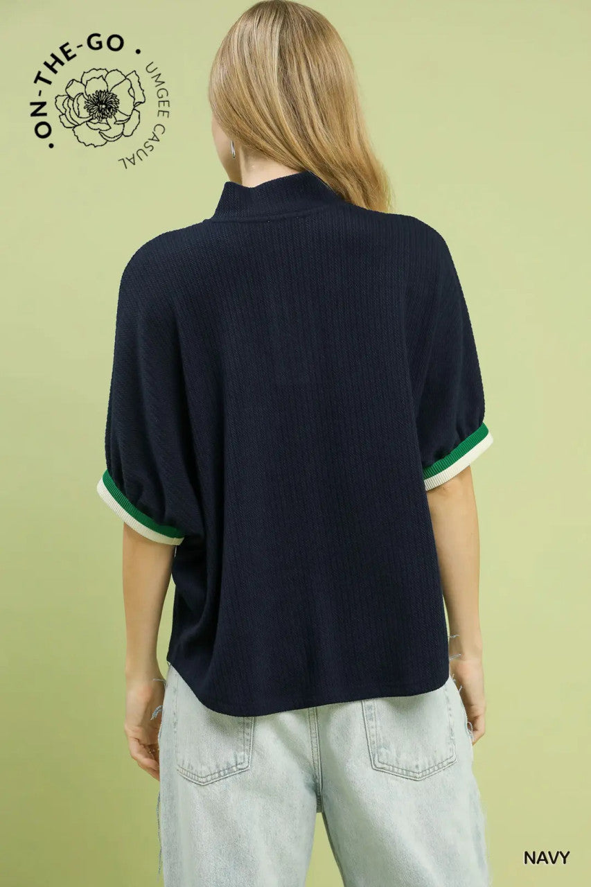 Umgee Women's Navy Textured Knit Top with Contrast Trim