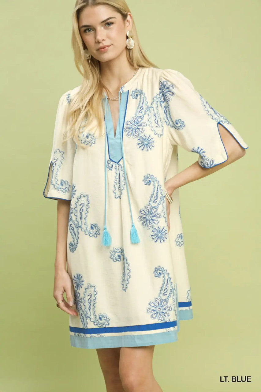 Umgee Women's Embroidered Split Neck Shift Dress - Light Blue