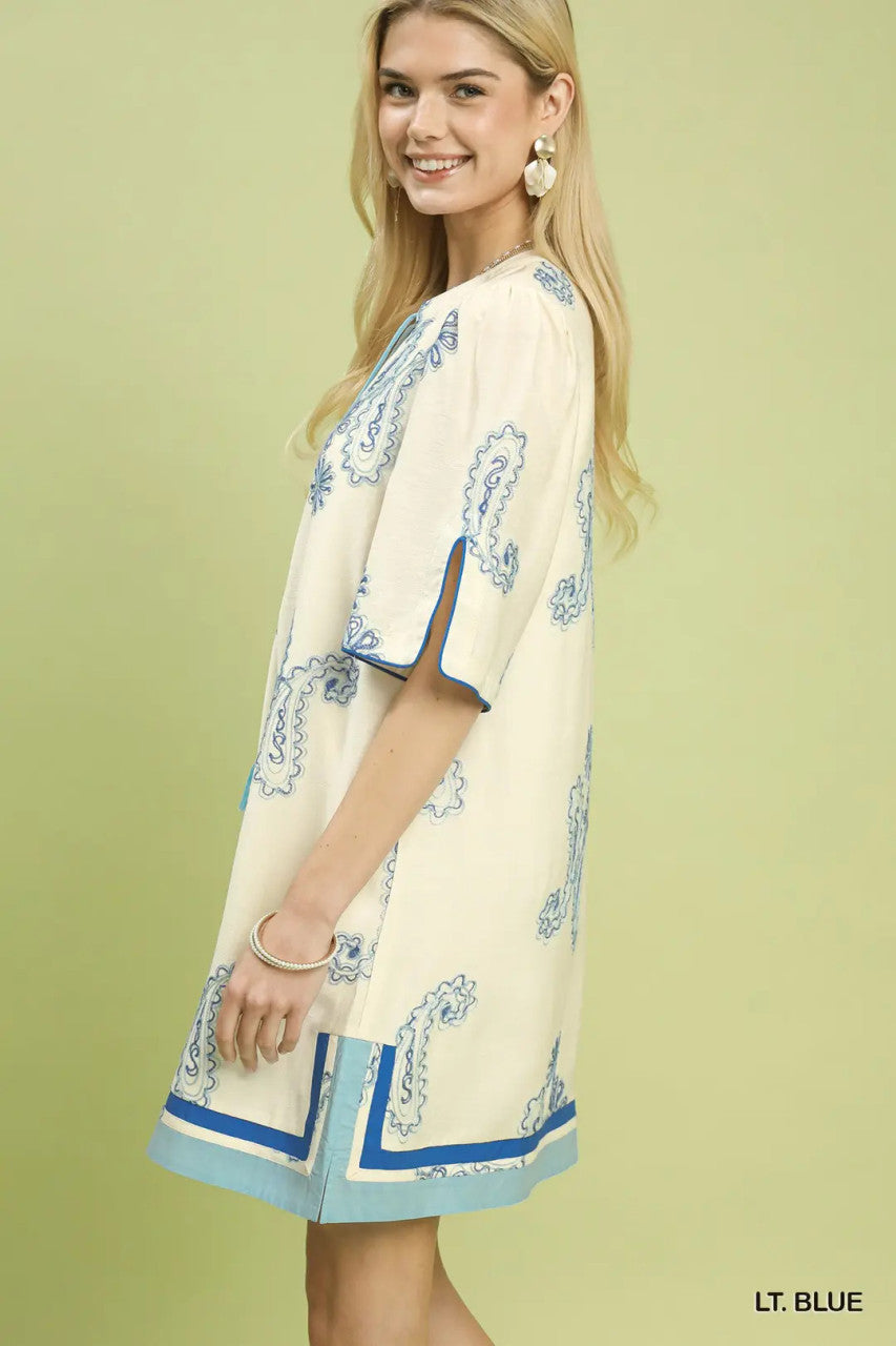 Umgee Women's Embroidered Split Neck Shift Dress - Light Blue