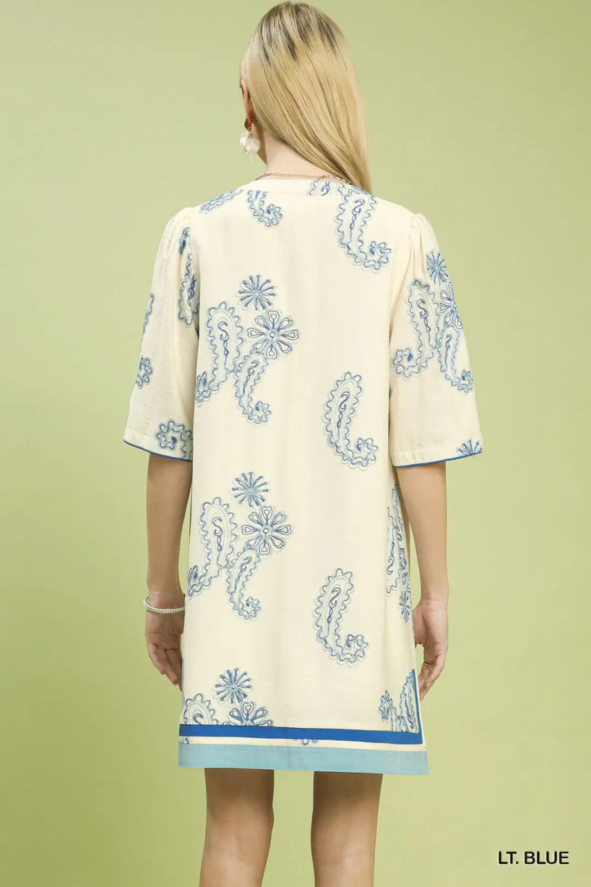 Umgee Women's Embroidered Split Neck Shift Dress - Light Blue