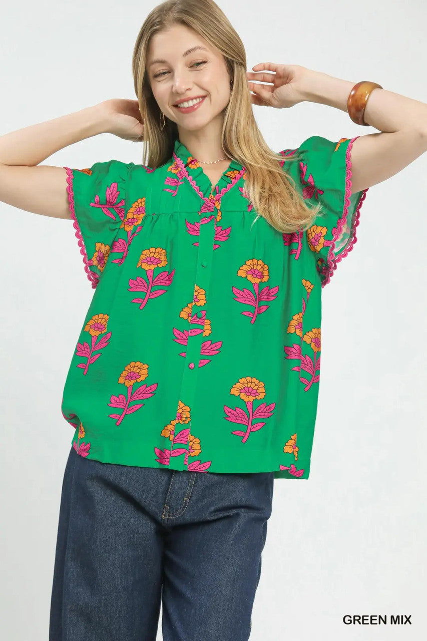 Umgee Women's Green Floral Button Front Ruffle Sleeve Top