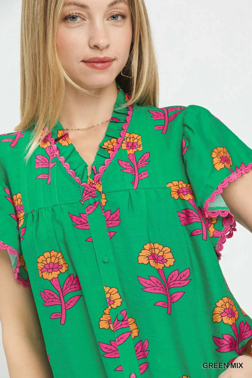 Umgee Women's Green Floral Button Front Ruffle Sleeve Top