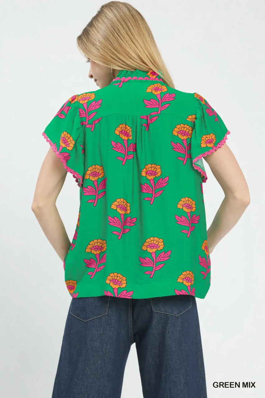 Umgee Women's Green Floral Button Front Ruffle Sleeve Top