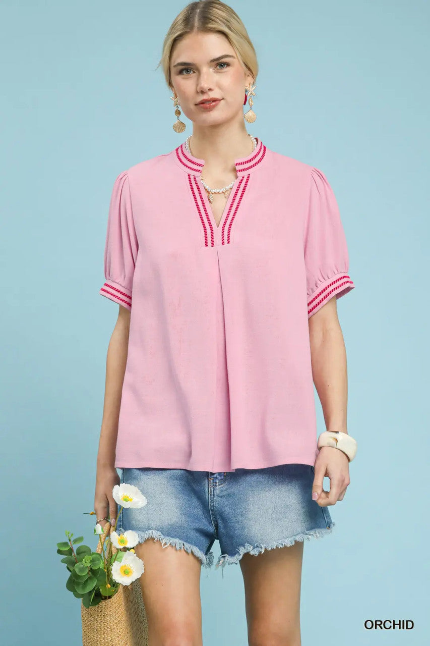 Umgee Women's Orchid Embroidery Linen Puff Sleeve Blouse